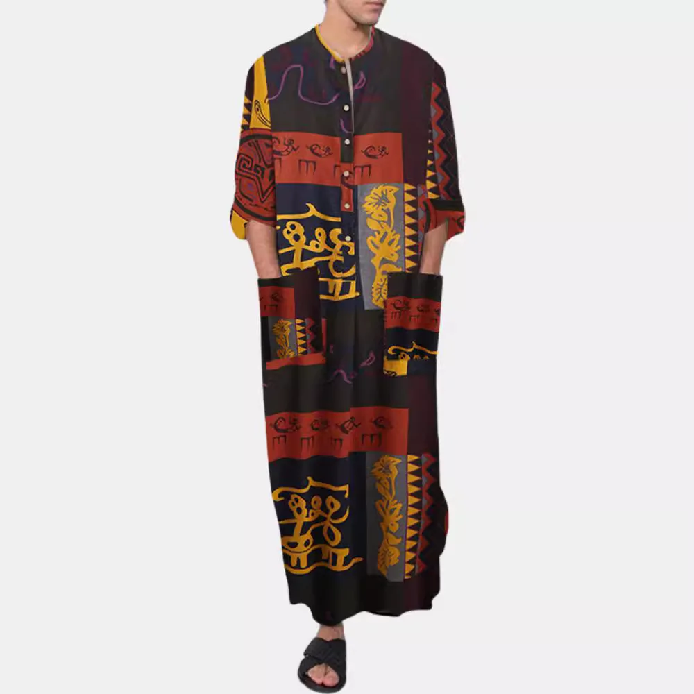 Moda musulmana Jubba Thobe Abito casual da uomo Musulmano Abaya Jumbo con stampa di elefanti Oracle-Bone Robe all'ingrosso
