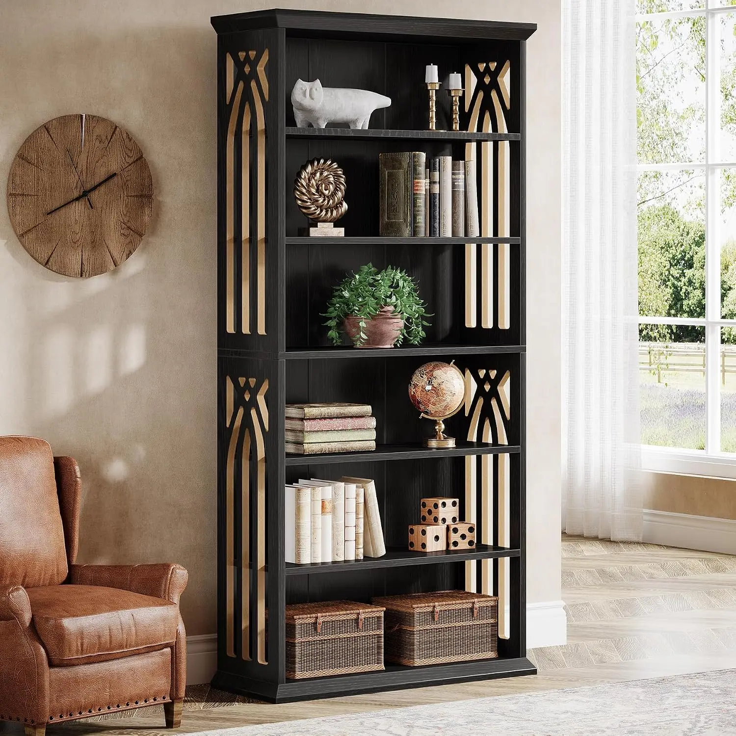75-Inch Tall 6-Tier Black Bookcase, Large Freestanding Wood Display Shelf for Living Room & Office, Customized