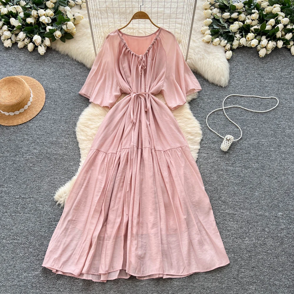 เดรสยาวทรงเข้ารูปสไตล์เกาหลีโบฮีเมียน ผ้าตาข่ายแขนสั้น ดีไซน์วินเทจเก๋ไก๋ สวยหรูดุจนางฟ้า