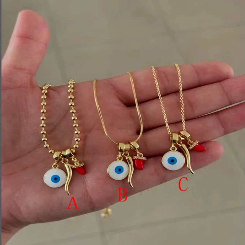 

10Pcs 18K Gold Plated Evil Eye Horn Pepper Pendant Necklace for Women Girls Men Fashion Jewelry