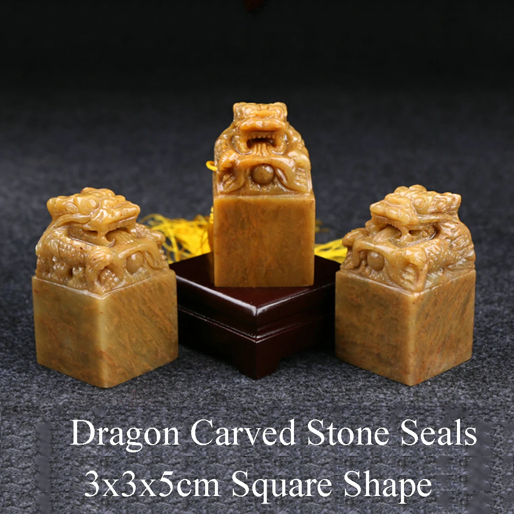 Dragon Carved Natural Stone Seals English Chinese Name Stamp With Tassel Box Custom InkPad Handmade DIY Gifts Calligraphy Chop