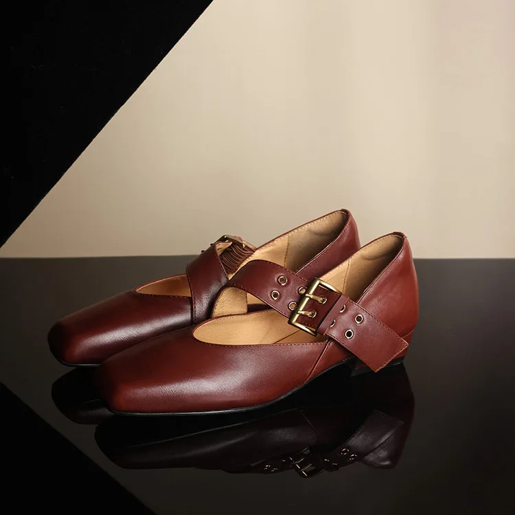 Women Washed Genuine Leather Mary Jane Flats Square Toe Metal Buckle Strap 3CM Sheepskin Lining TPR Sole Vintage Chic Shoes F495
