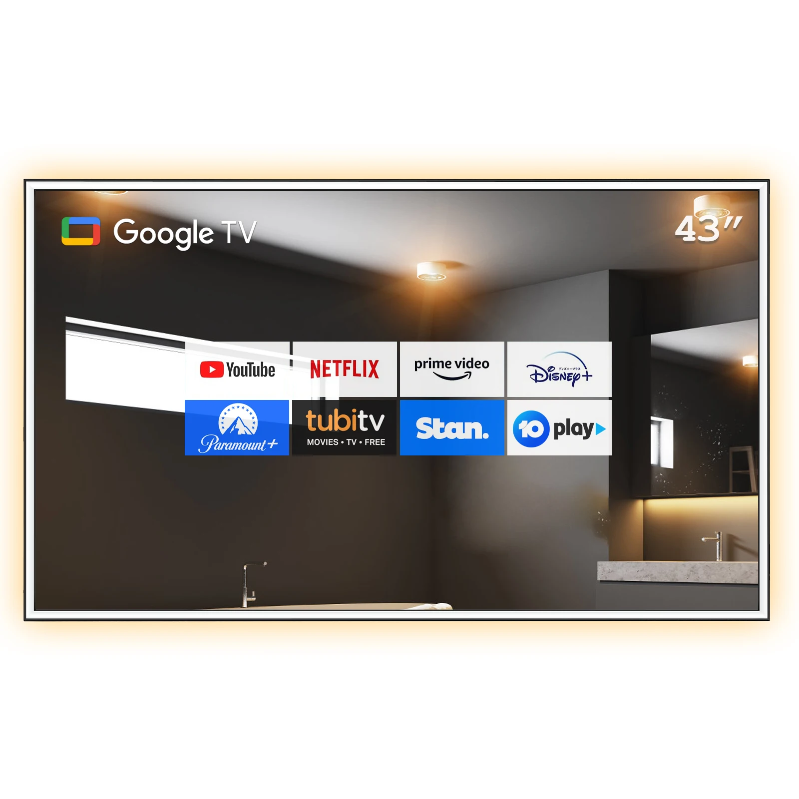 Soulaca 43inch Bathroom Mirror TV for Australia with LED Light 4K Ultra HD Modern Vanity Smart TV, Built-in Netflix YouTube