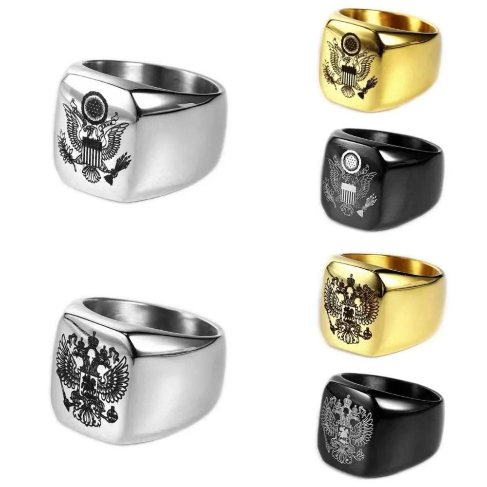 

USA and Russia National Emblem Pattern Rings for Men Laser Engrave Eagle Stainless Steel Jewlery Soldier Warrior Courage Ring