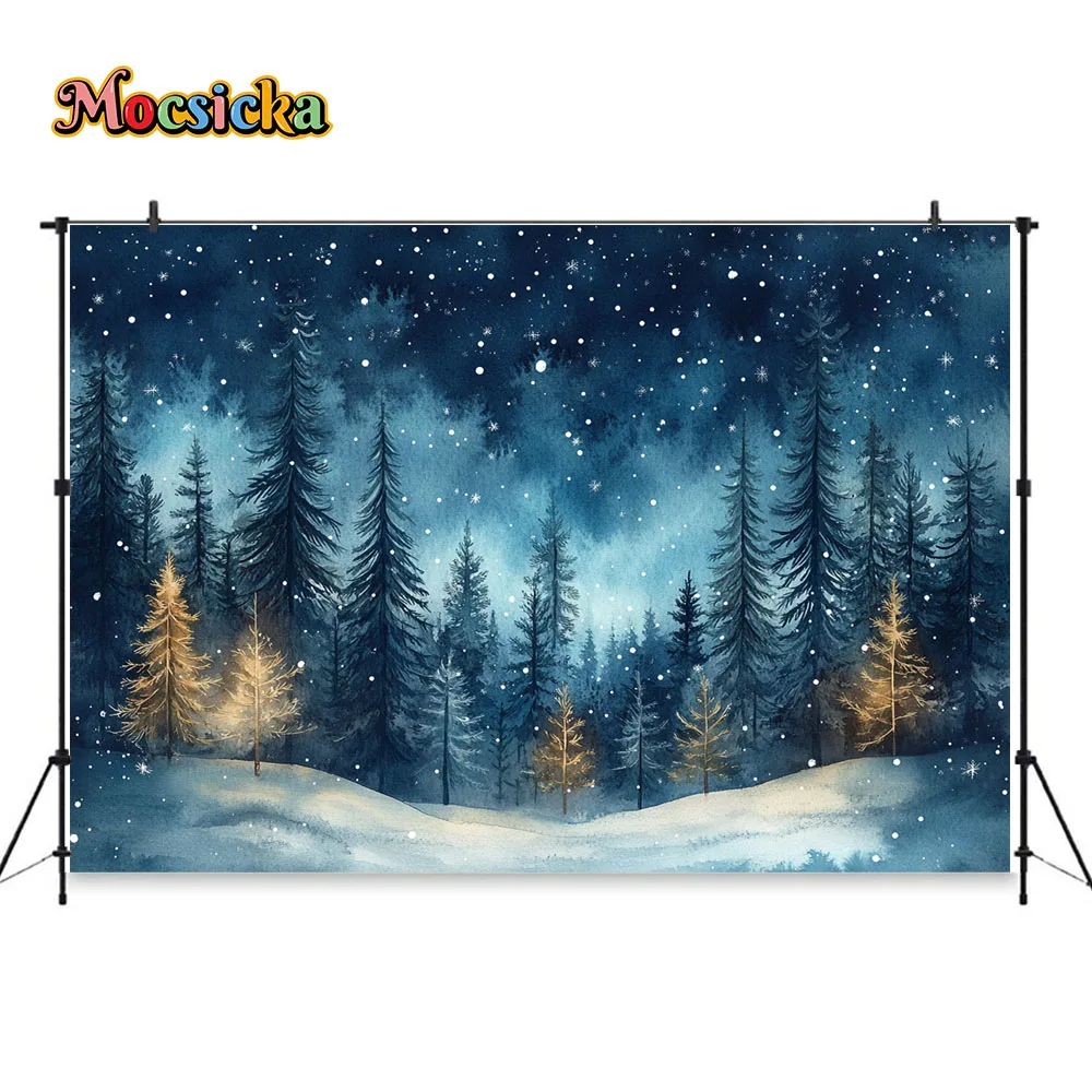 Christmas Night Forest Background Blue Starry Pine Tree Snowflake Backdrop Kids Winter Birthday Cake Smash Studio Photo Booth