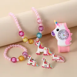 Children Rainbow Horse Patter Watch Jewelry Set Necklace Earrings Ring Bracelet Gifts for Children And Girls