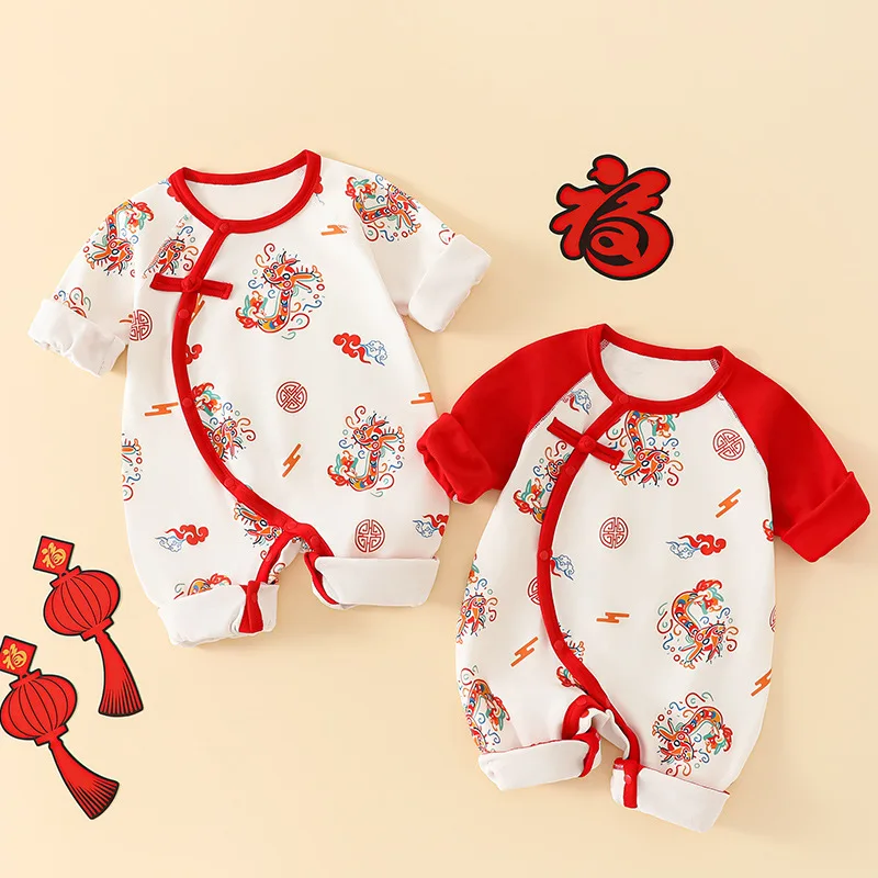 Baby Rompers for Girls Boys Winter Cute Animal Design Red Christmas 100 Cotton Chinese Full Moon Boneless Hoodie Newborn