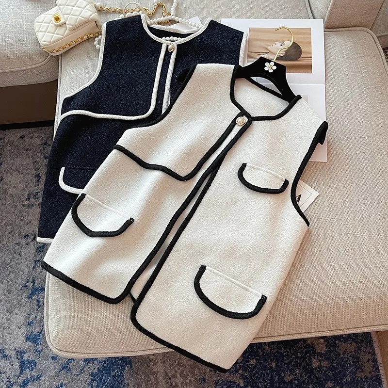 

2025 Spring Autumn Vest for Women Temperament Waistcoat Laides Sleeveless Top O-neck Woolen Tanks Vintage Korean Cardigan