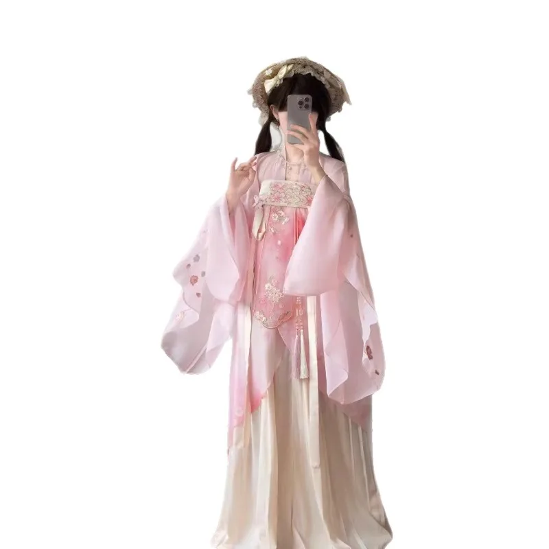 Tang-made Hanfu women's new improved water sleeve one-piece chest-length embroidered pleated skirt daily spring and summer suit
