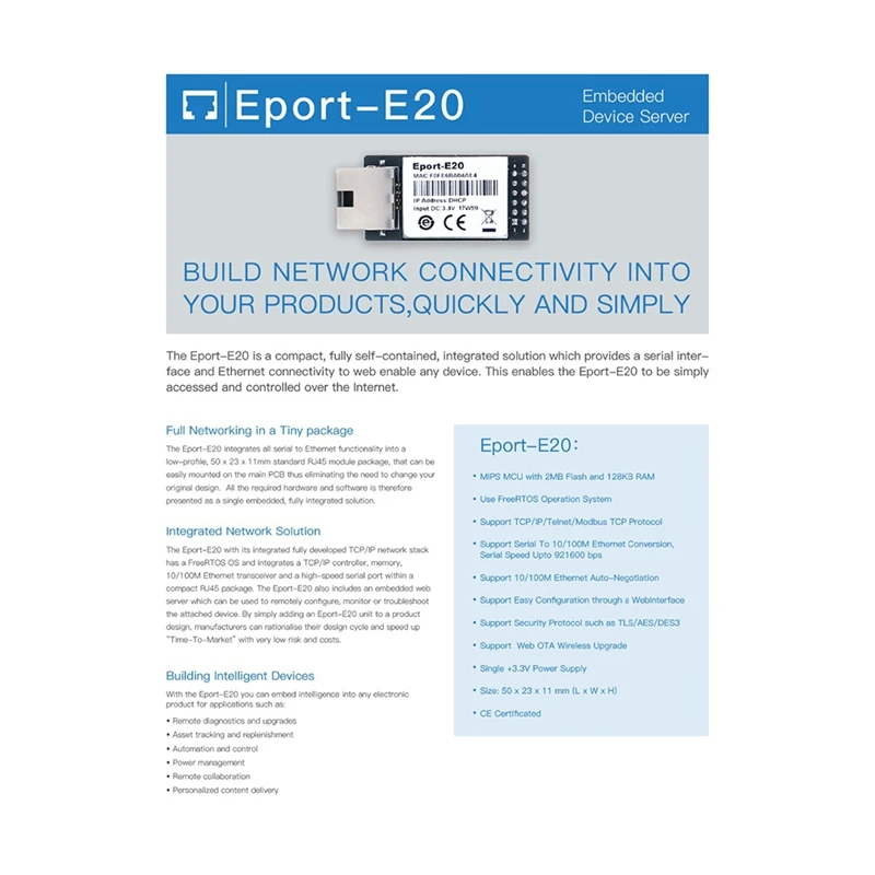 Eport-E20 เซิร์ฟเวอร์เครือข่ายพอร์ต 3.3V Serial To Ethernet ฝังโมดูลอุปกรณ์ IOT สนับสนุน DHCP TCP IP Telnet Modbus TCP