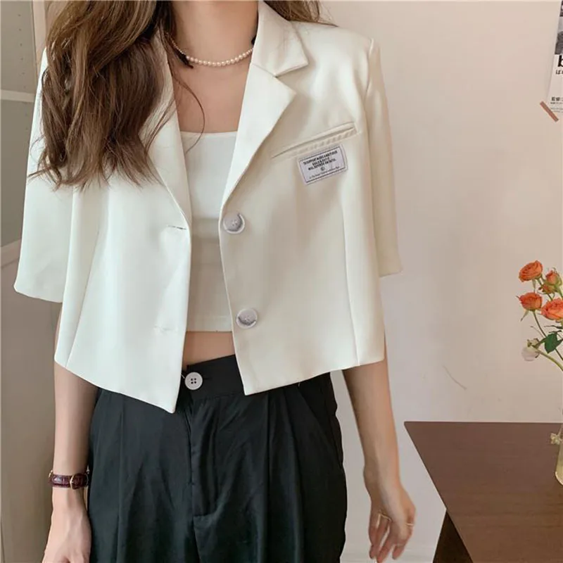 Blazer de manga curta para mulheres, gola fina entalhada, casaco casual, preto e branco selvagem, outwear curto, tops para senhoras, novo verão, 2022