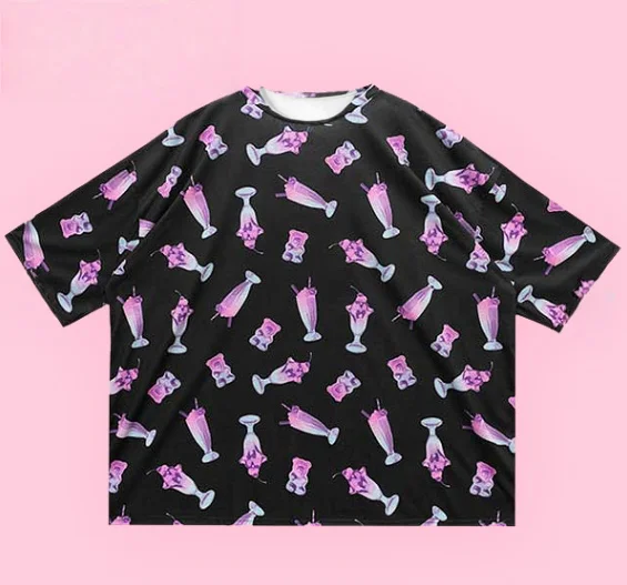 Harajuku Style That’s Both Sweet and Cool—wear Your Happiness! Girly Loose Y2K 3D Printed Color-block T-shirt