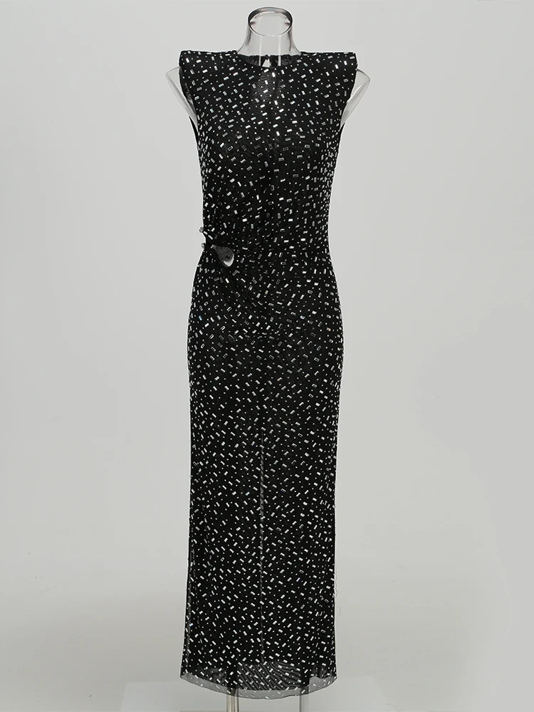 Robe longue noire élégante sans manches pour femmes, ornée de diamants, découpée, robe de soirée formelle de célébrité, nouvelle collection 2025