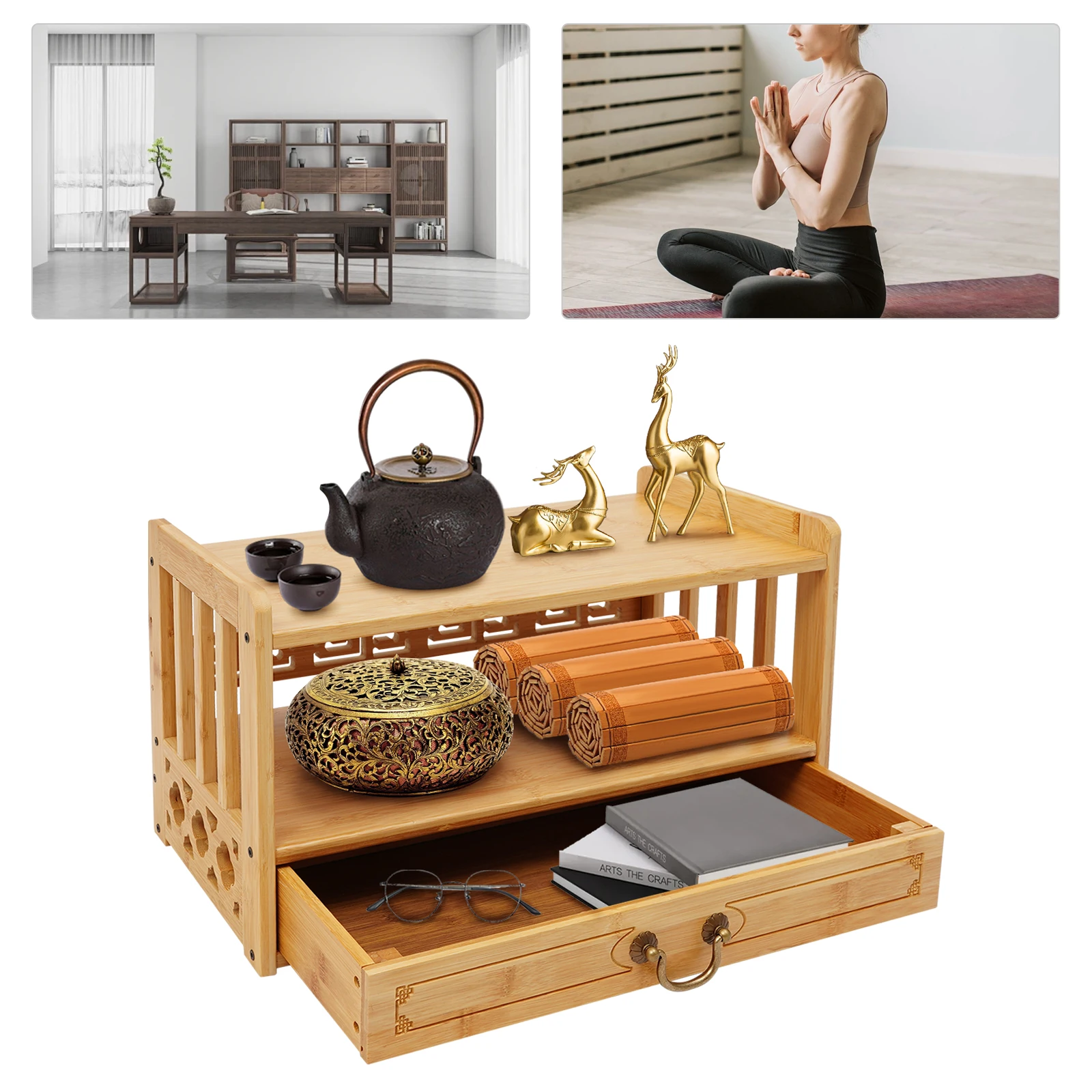 

Wood Color Rectangular Desktop Organizer,Freestanding Meditation Storage Table with Drawer 52*25*28cm for Hold Buddha Statues