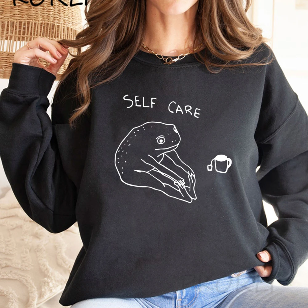 Funny Frog Self Care Retro Sweatshirt Cottagecore Frog Hoodie Women Long Sleeve Sweatshirt Pullover Graphic Hoodies Gift for Her