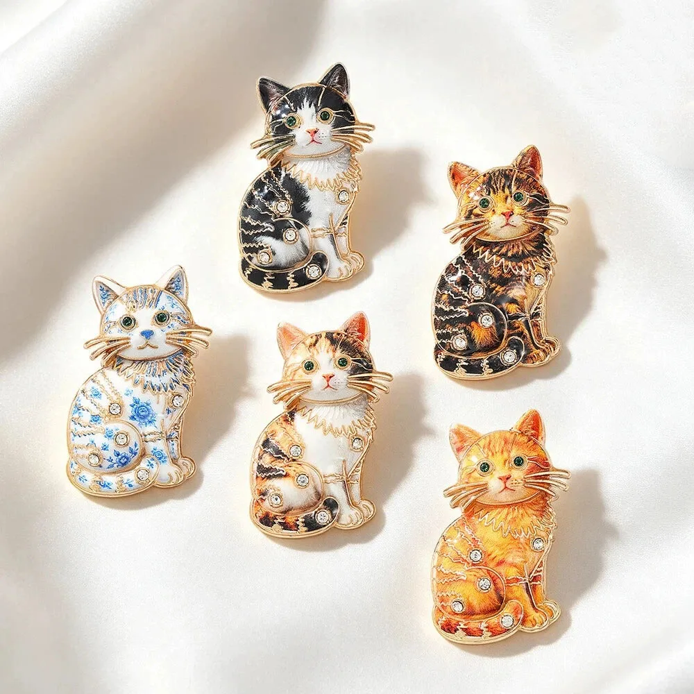 Adorable Kitty Cat Brooches For Women Unisex 5-color Rhinestone Sitting Kitten Pets Animal Office Casual Brooch Pin