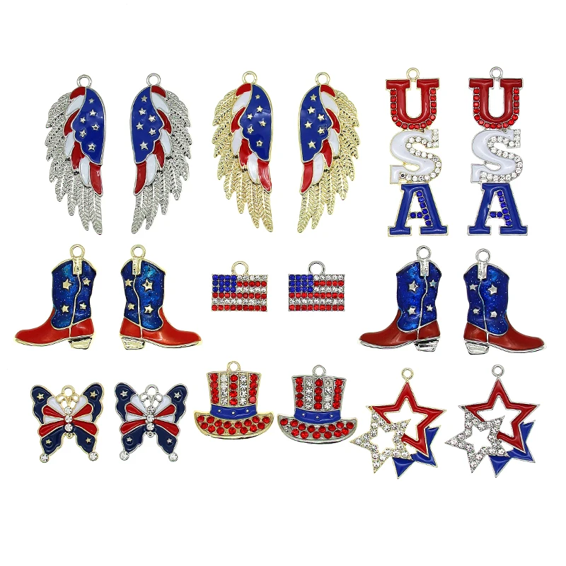 10pcs/lot Unique American Flag Charms Wing Hat Shoes Star Gold and Silver Enamel For DIY Jewelry Bracelet Keyring Making Finding