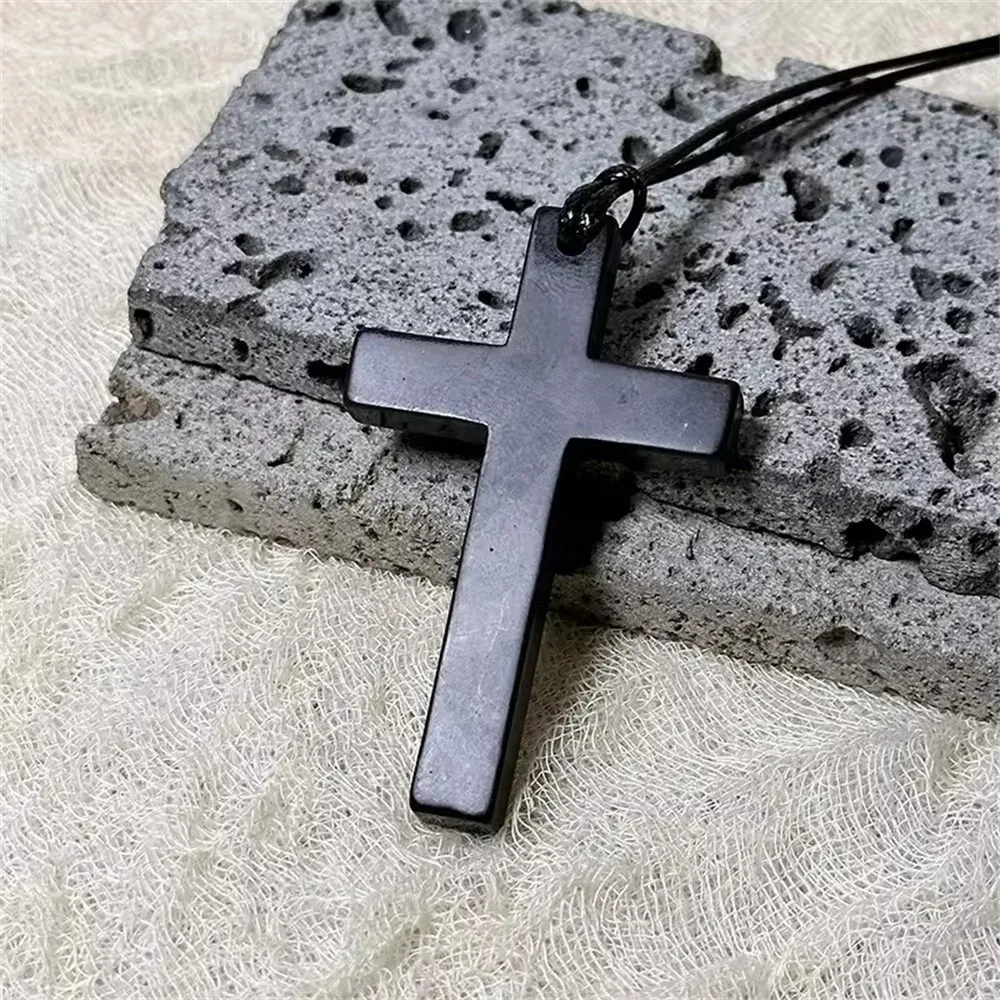 Natural Shungite Cross Shape Necklace Crystal Healing Gemstone Energy Protection Pendant DIY Jewelry for Woman for Keep Healthy