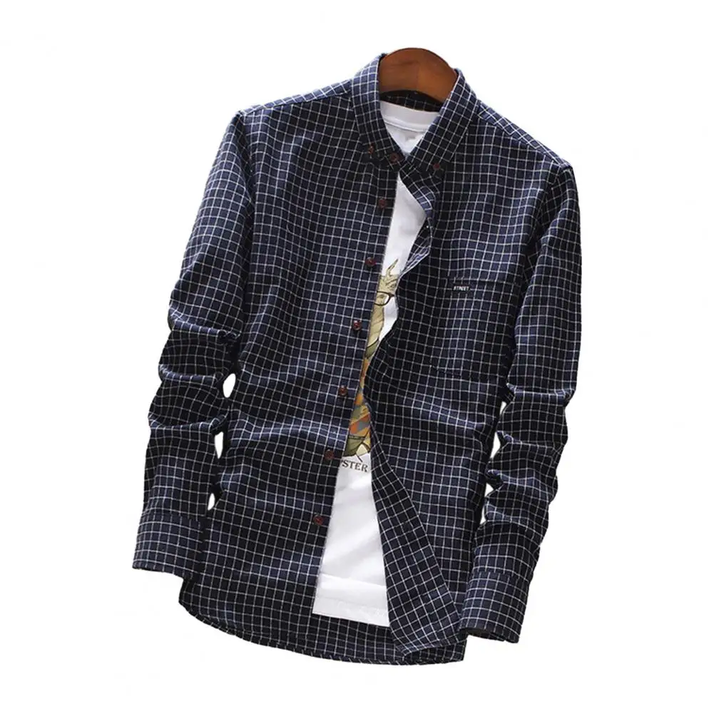 

Plus Size Men Shirt Plaid Print Single Breasted Slim Korean Shirt Tops Lapel Long Sleeve Casual Shirt Summer