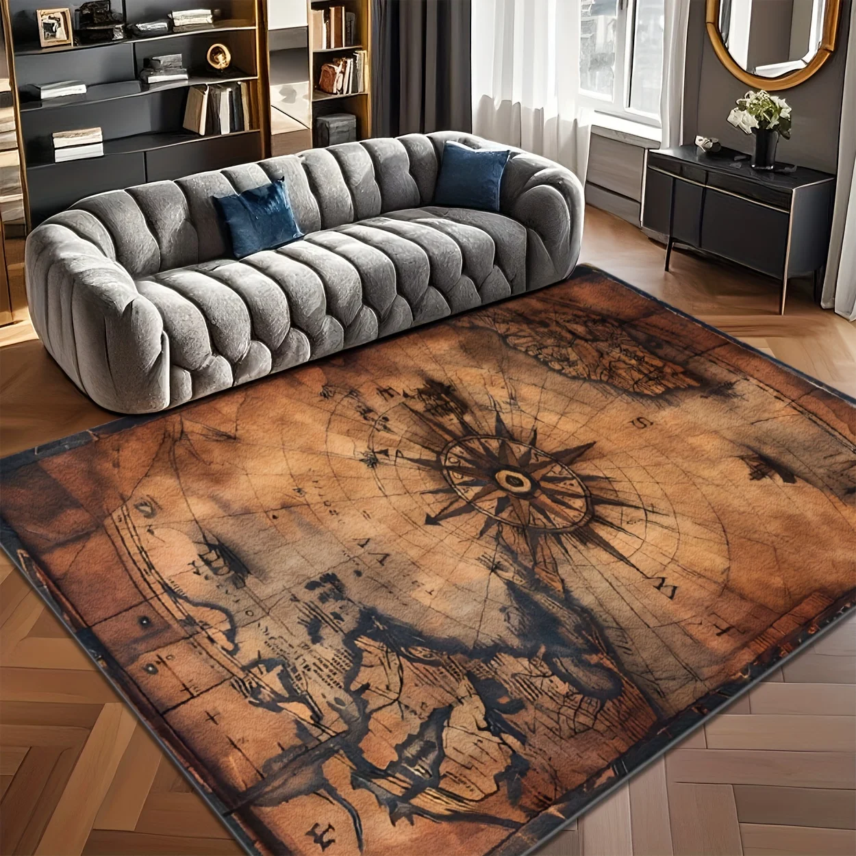 Extra‑Large Luxury Vintage World Map Decor Rug, Multi‑Color Soft Velvet‑Texture Hand‑Washable Floor Mat with Non‑Slip Base