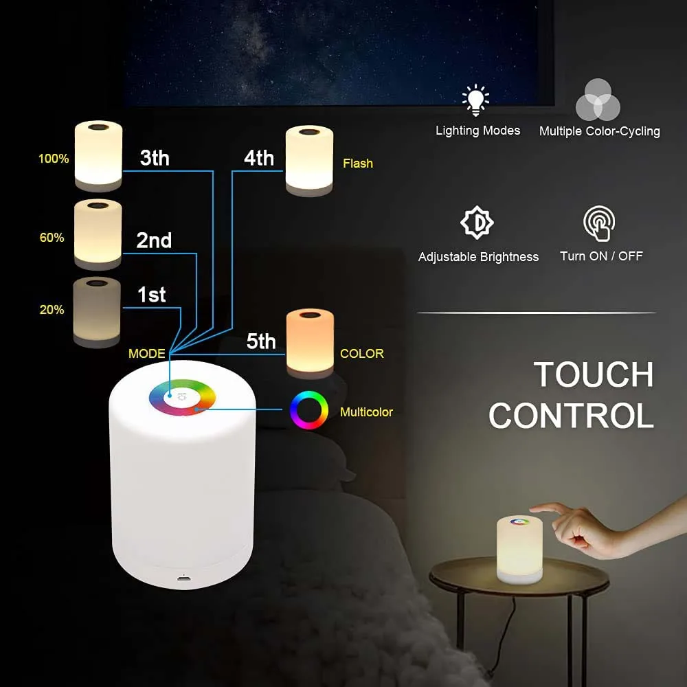 Touching Control Bedside Night Light USB Rechargeable Dimmable Table Lamp Color Change Night Light for Living Room Bedroom