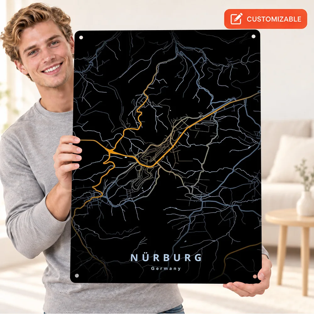 Nurburg Germany Map Textured Metal Poster Personalized Aluminum Sign Dark Cartography Wall Art For Workshop Or Racing Lounge