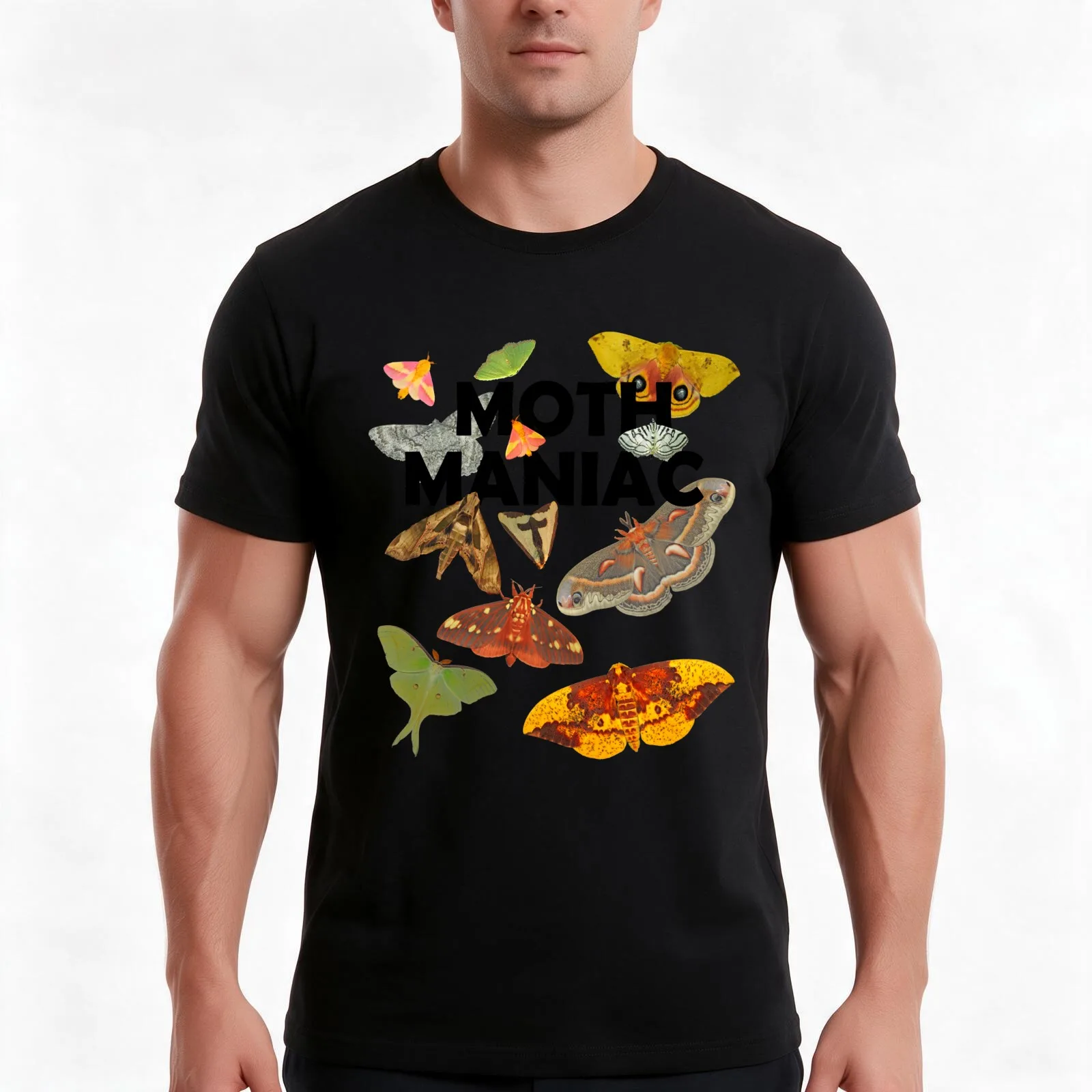 Moth Maniac T-Shirt, Summer Casual Cotton Tee, Oversized Streetwear Tops, Vintage Graphic Print, Loose Fit Short Sleeve