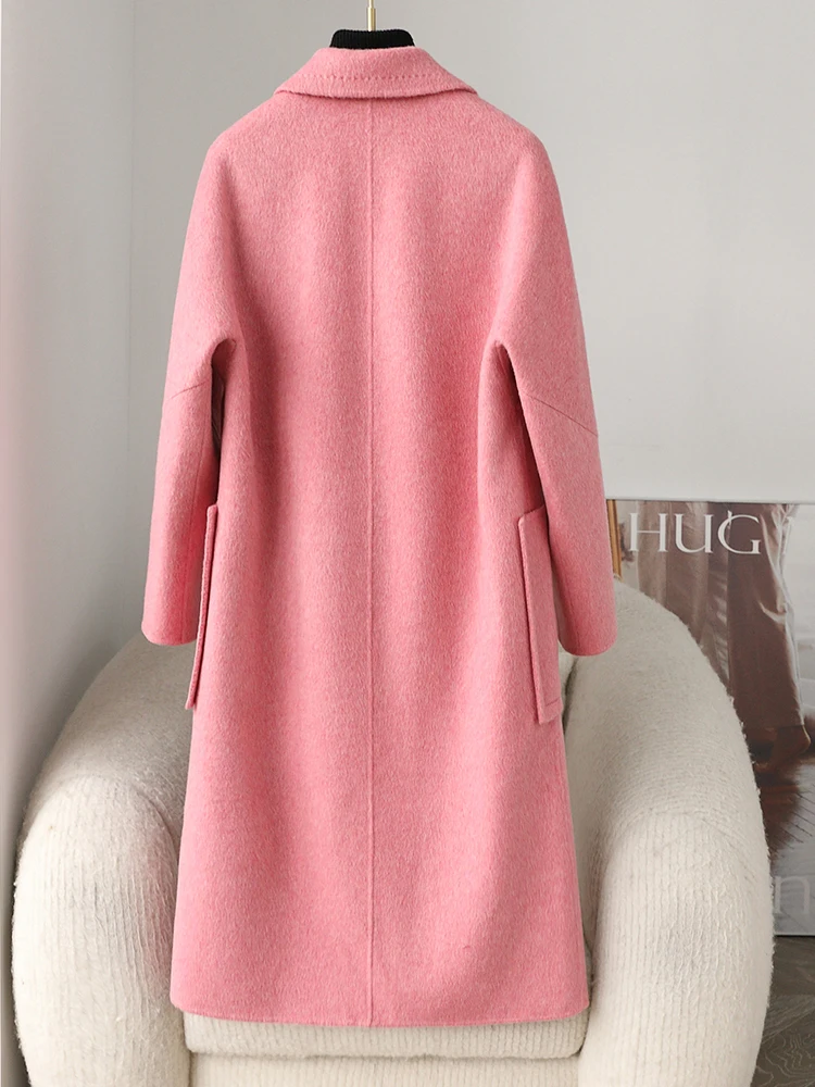 2024 Winter New Pink Double sided Wool Coat Women's Medium to Long Loose Korean Edition Casual Double breasted Woolen Coat