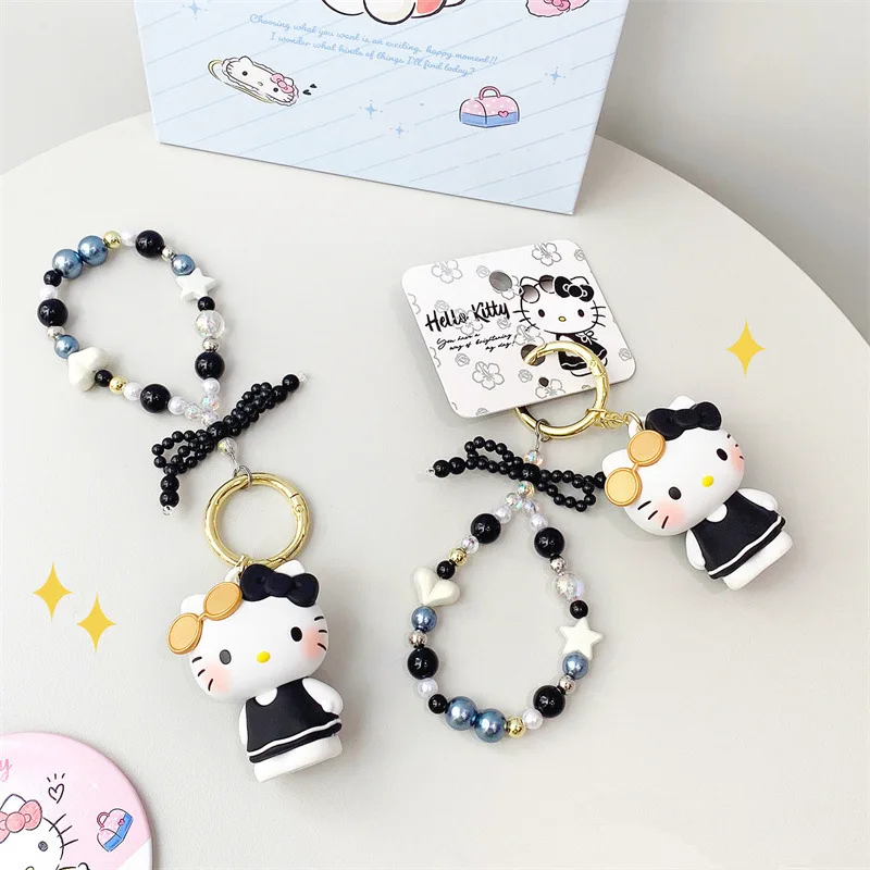 산리오 헬로 키티 카와이 레저 홀리데이 시리즈 인형 비즈 자동차 키체인 귀여운 만화 가방 펜던트 소녀를 위한 생일 선물