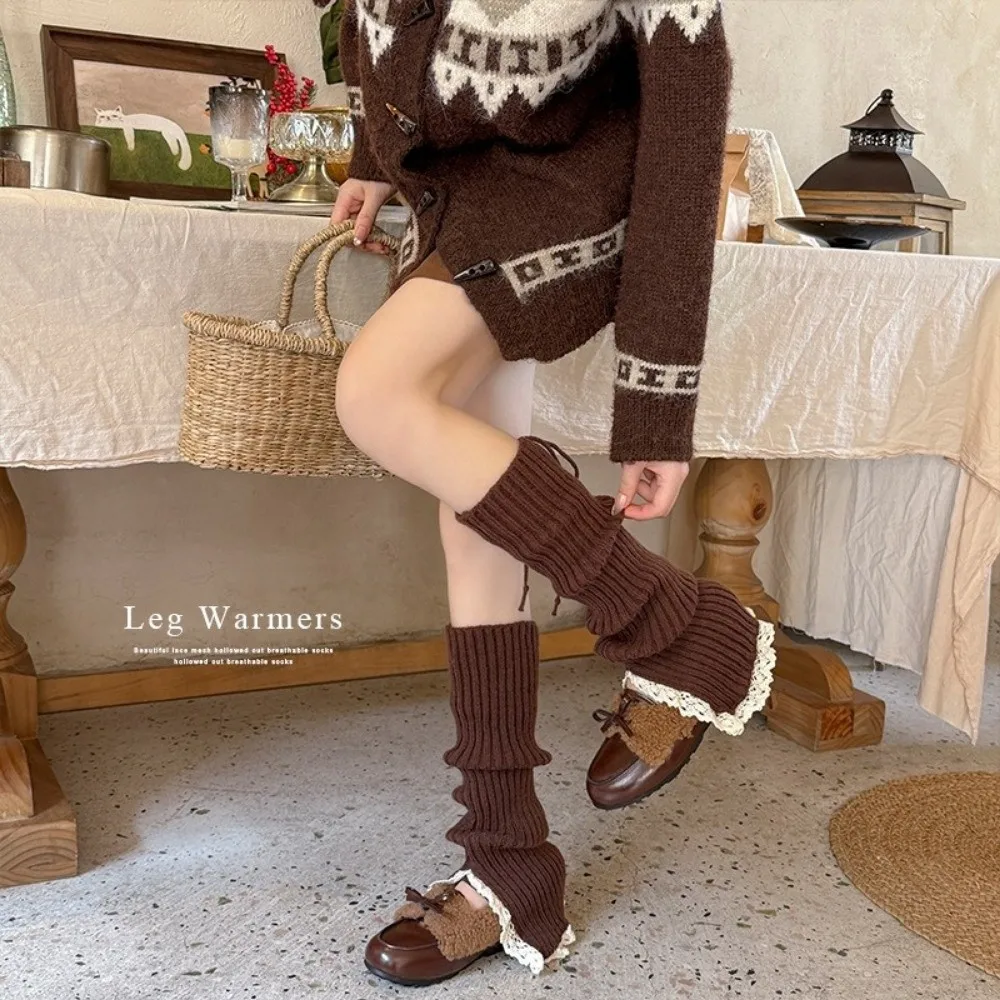 Fashion Thermal Boot Sock Sleeves Thick Bow Turned-up Button Socks Lace Stretch Flared Leg Warmers Women