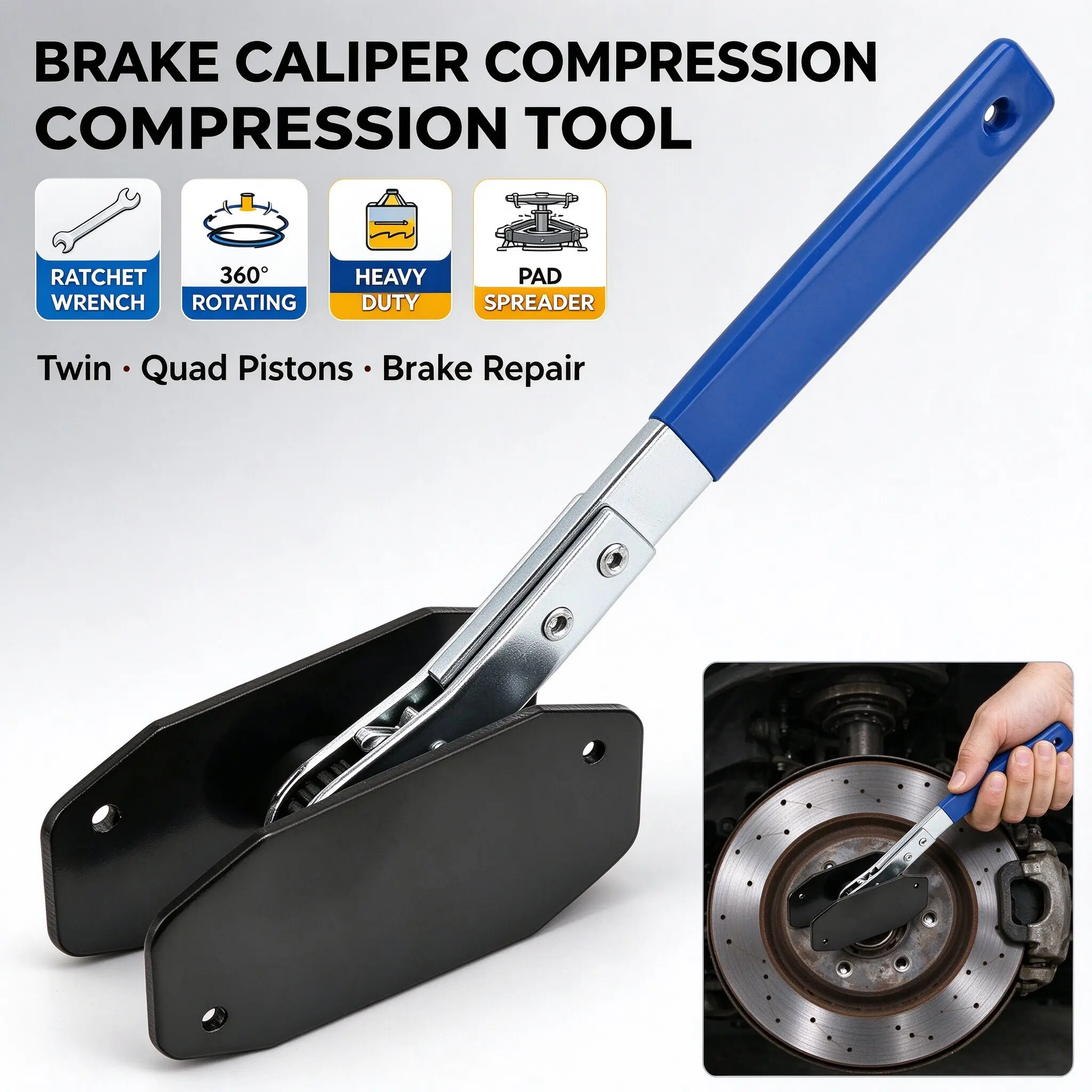 Brake Caliper Piston Compressor Tool Ratchet 360° Swivel High Carbon Steel Brake Pad Spreader for Car Truck SUV Disc Brake Repai