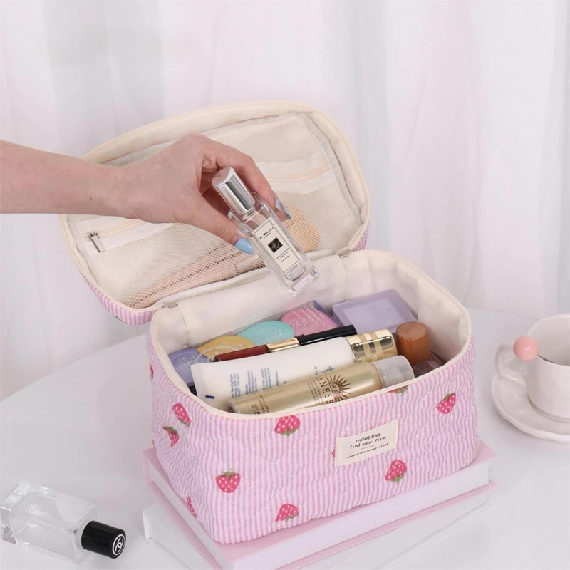 Quilted Strawberry Candy Cosmetic Bag Portable Large Makeup Pouch Travel Organizer For Women And Teens Cute Kawaii Birthday Gift