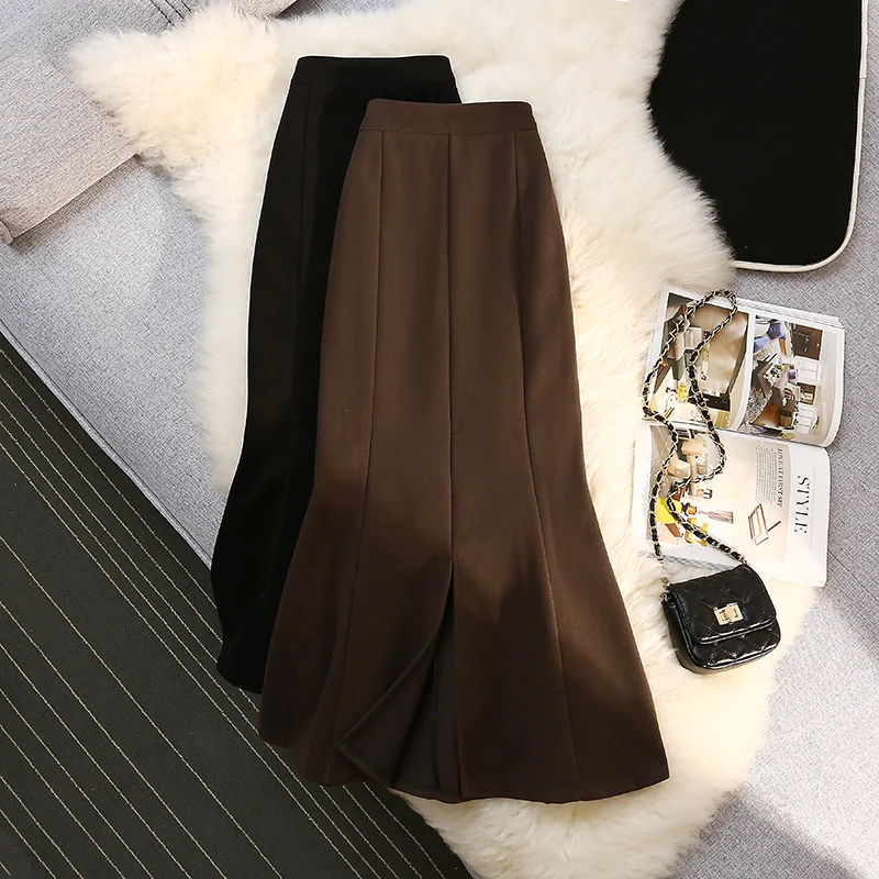 

Woolen Fishtail Skirt for Women with Split Ends Autumn and Winter New High Waisted and Length Wrap Black Skirt