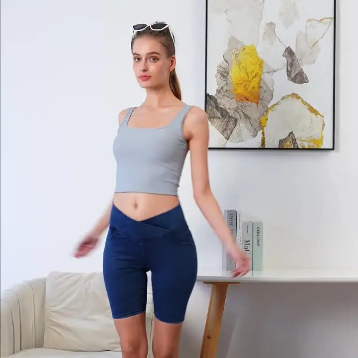 Women's Cross High Waisted Denim Shorts High Stretch Sports Fitness Five Point Cycling Pants Female Slim Tight Fitting Shorts