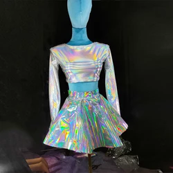 Jazz Dance Costume Silver Laser Tops Skirt Party Rave Outfit Festival Cheerleading Clothes Nightclub Gogo Dance Clothing