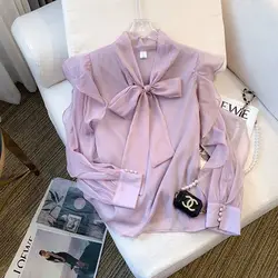 Female Spring Summer Korean Fashion Lacing Solid Color V-neck Women Shirts Simplicity Elegant Bow Chiffon Long Sleeve Top Tee