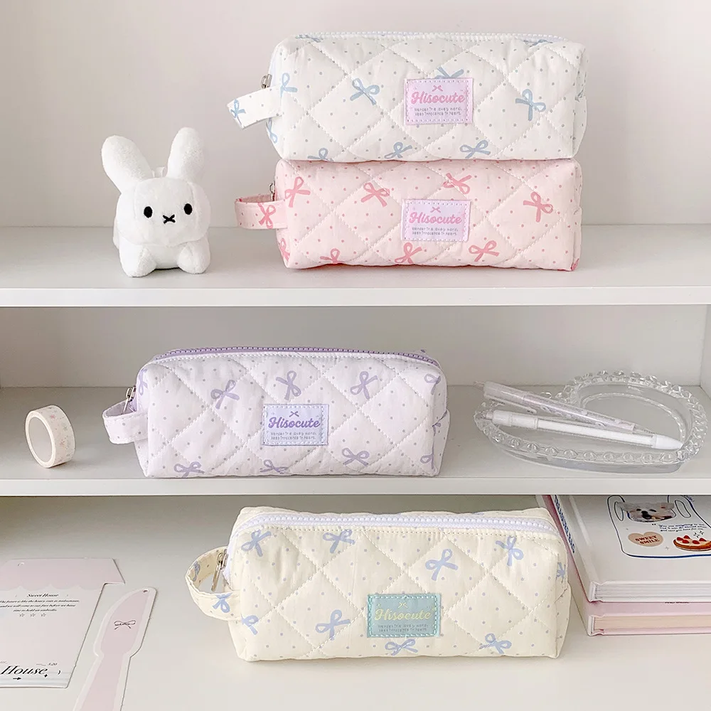 Fashion Simple Polka Dot Bow Pencil Case Student Stationery Large Capacity Desktop Storage Pen Bag Kids Back-to-School Supplies