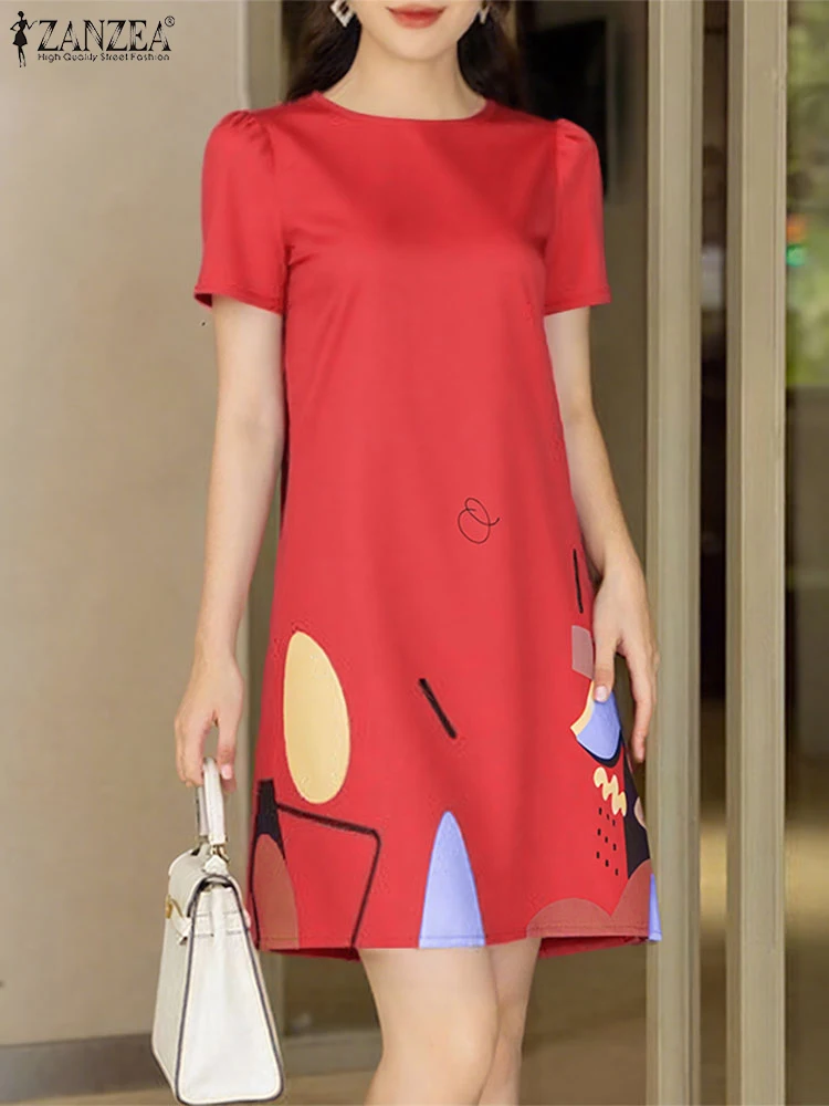 ZANZEA แฟชั่นการพิมพ์ผู้หญิง A-Line Robes Femme เดินทางสํานักงาน O-คอชุดมินิฤดูร้อนที่หรูหราแขนสั้นพัฟชุดซาติน