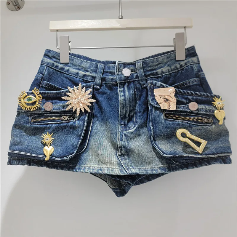 American Retro Washed Spice Girls Low Waist Culottes Zip Pockets Cargo Denim Shorts Metal Buckle Decoration Women Shorts Skirts
