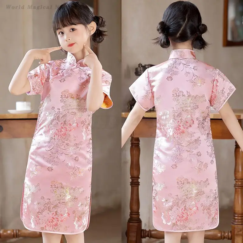 

Детское традиционное китайское платье Cheongsam в стиле ретро для девочек, милые летние платья Ципао с короткими рукавами, детское новогоднее платье с принтом