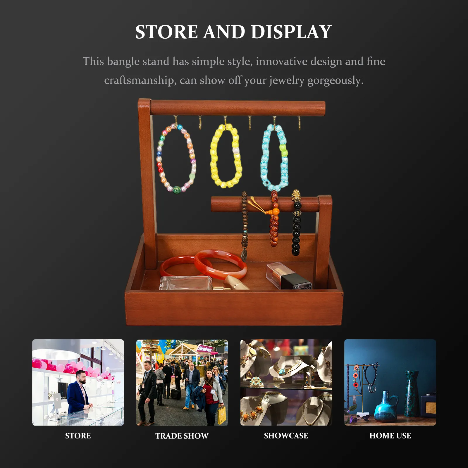 Wooden Bracelet Holder Stand Watch Display Rack Jewelry Organizer for Rings Bangles Keychains Retro Style Sturdy Desktop Home