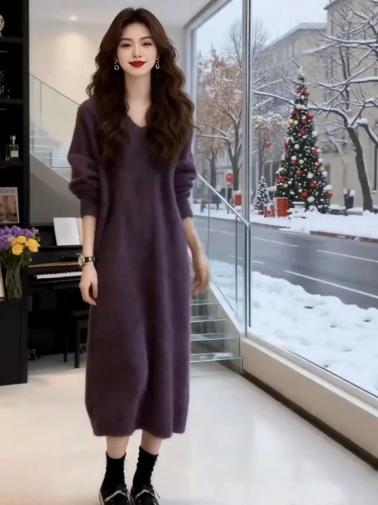

Loose V-Ne Knitted Dr plus Size Purple Lazy Sle Women's Long Sve Long Dr Belly Concealing Slimming ly Rever...