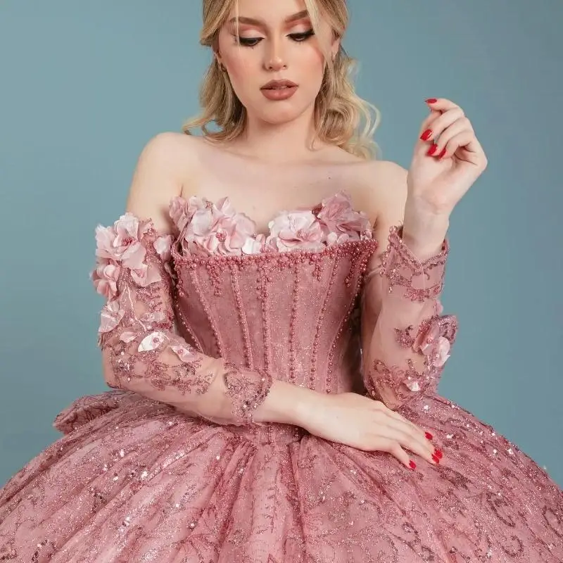 Vestido De quinceañera De princesa rosa brillante con hombros descubiertos, encaje con cuentas, perlas De cristal, Tull, dulce 16, vestido De fiesta De cumpleaños, Vestidos De 15