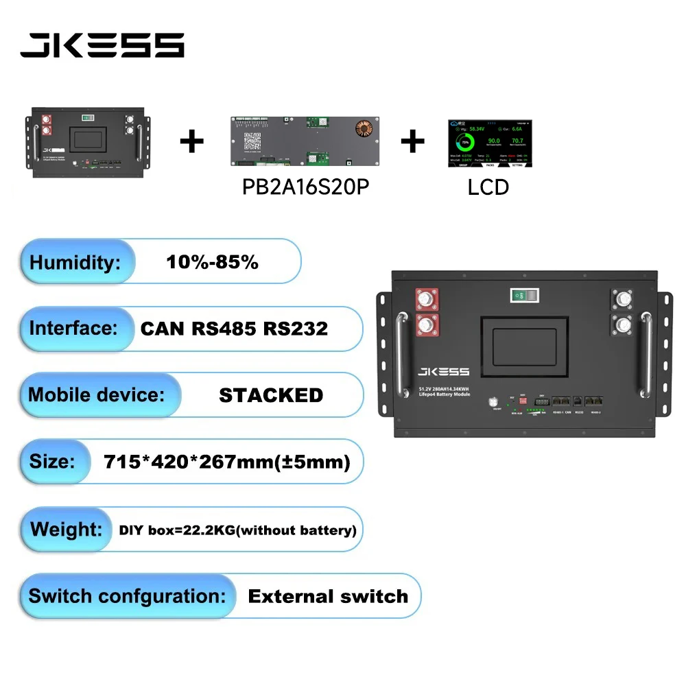 JKESS 16S 48V LiFePo4 Batterij Kit DIY Lege Kist 51.2V 314AH 16KWH Energieopslagsysteem JKBMS met RS485 RS232 CAN LCD