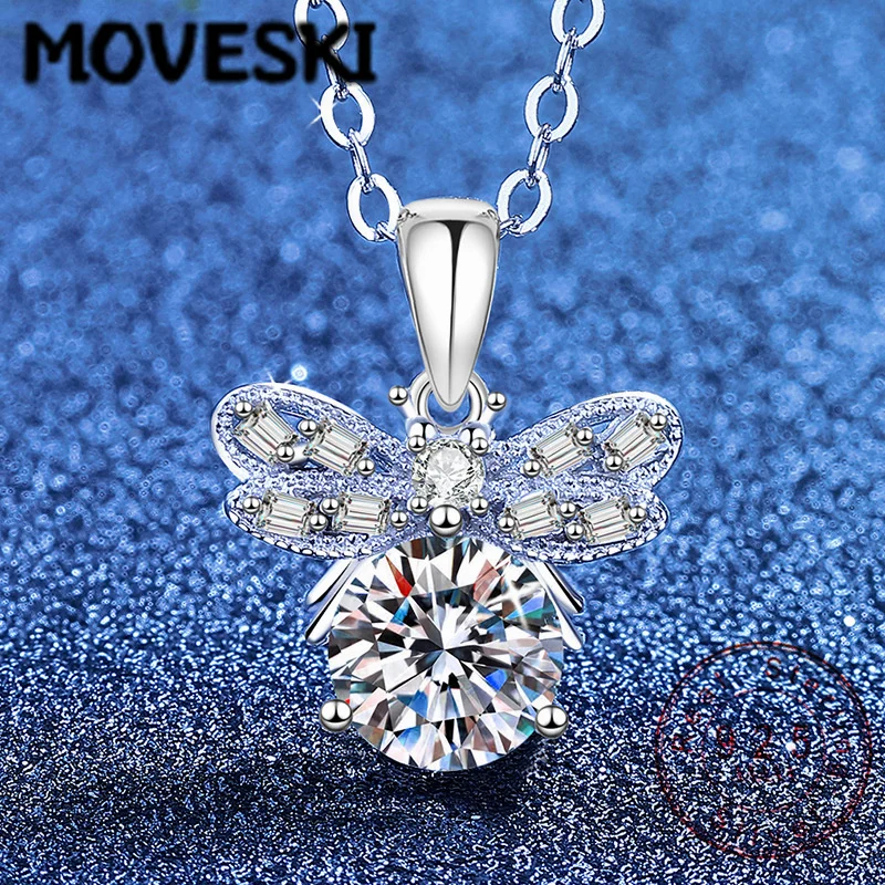 

MOVESKI 1CT Round Cut Moissanite Bee Pendant Necklace 925 Sterling Silver, Baguette Pave Insect Dainty Necklace for Women Jewelr