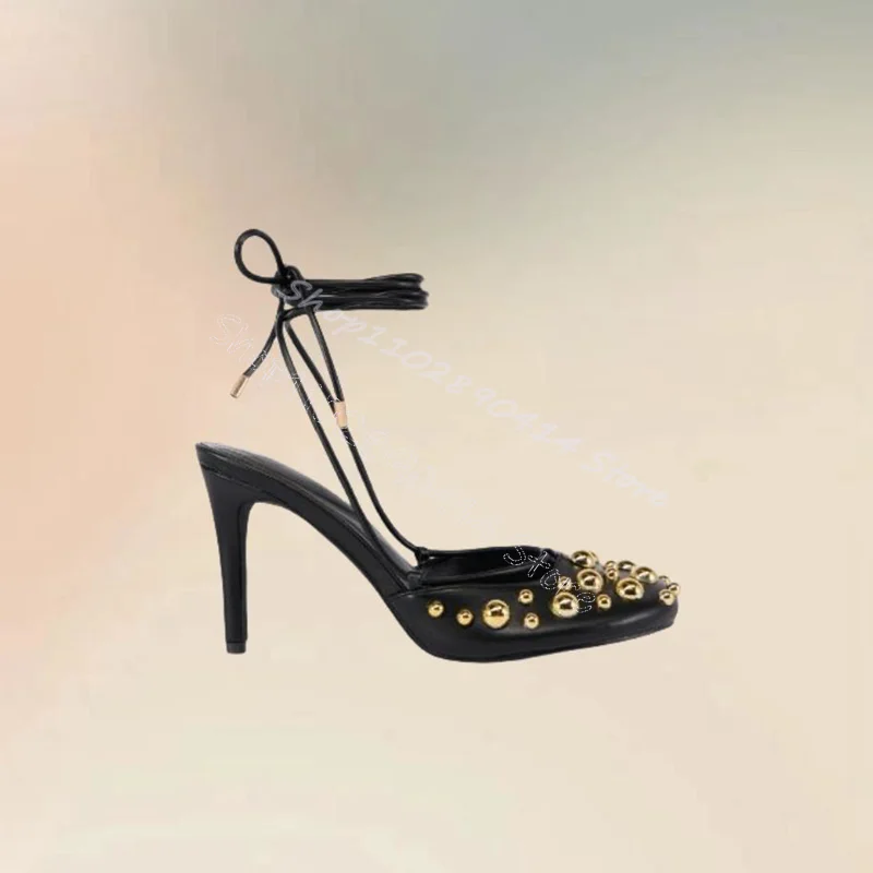 

Женские туфли-лодочки с золотыми заклепками, черные, с круглым носком, на шнуровке, на тонком высоком каблуке, модные, для вечеринок и банкетов, 2026