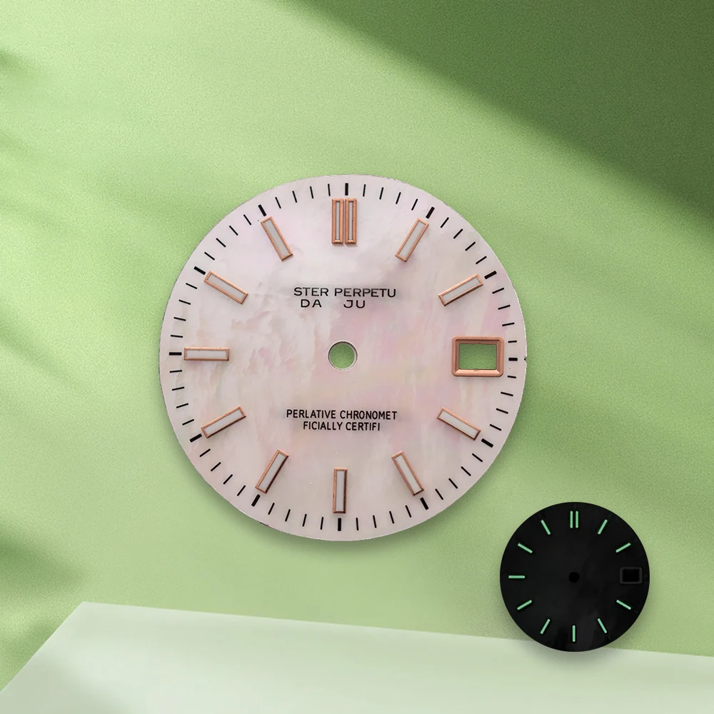 28.5mm S Logo journal NH35 Mother pearl Dial No Hands Fit NH36 Movement Green Luminous Watch Modification Accessories