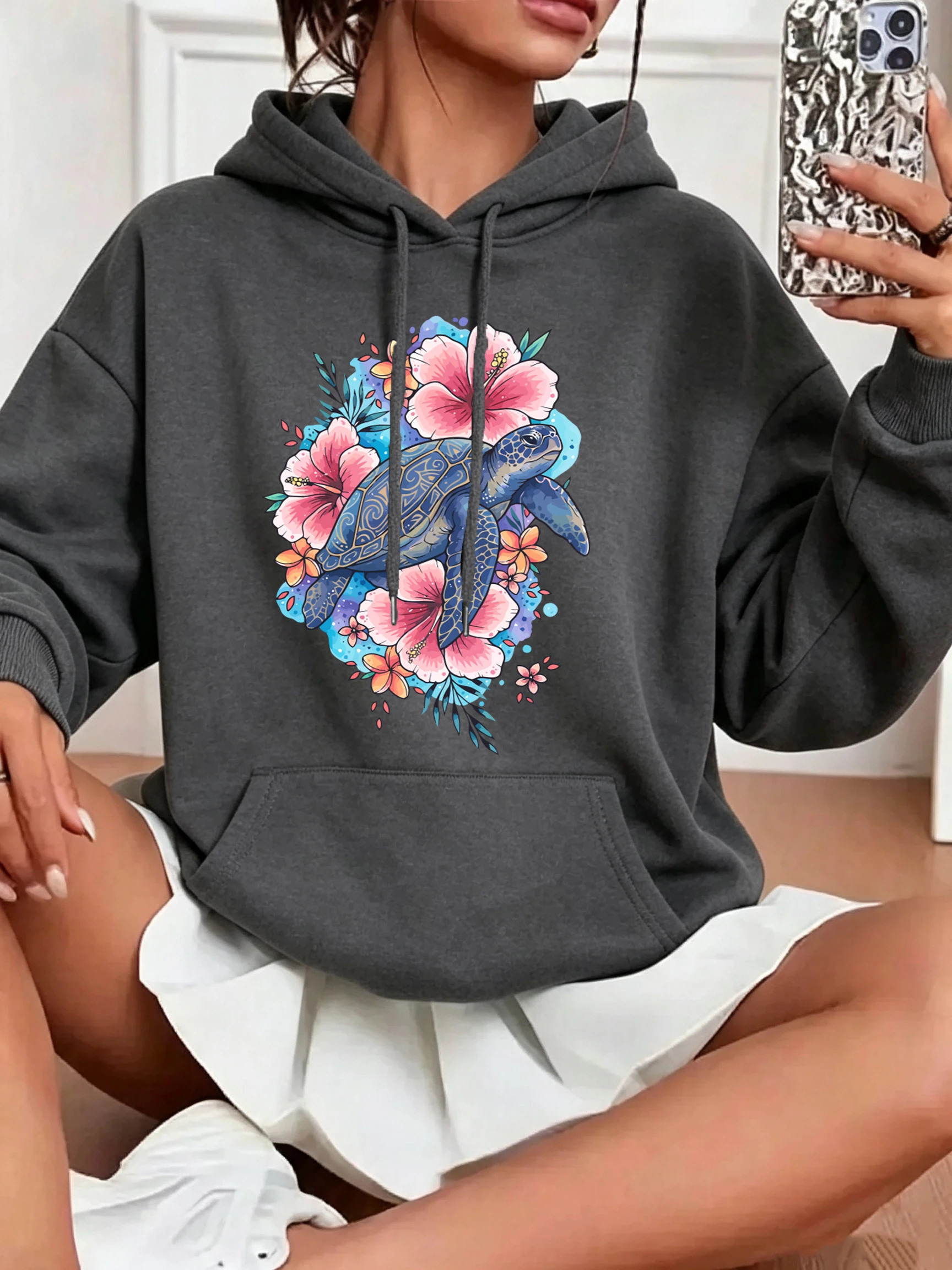 Watercolor Sea Turtle Hibiscus Flower Print Women'S Hoodies Autumn Y2K Pocket Hoody Casual Sportswear Fleece Loose Pullovers