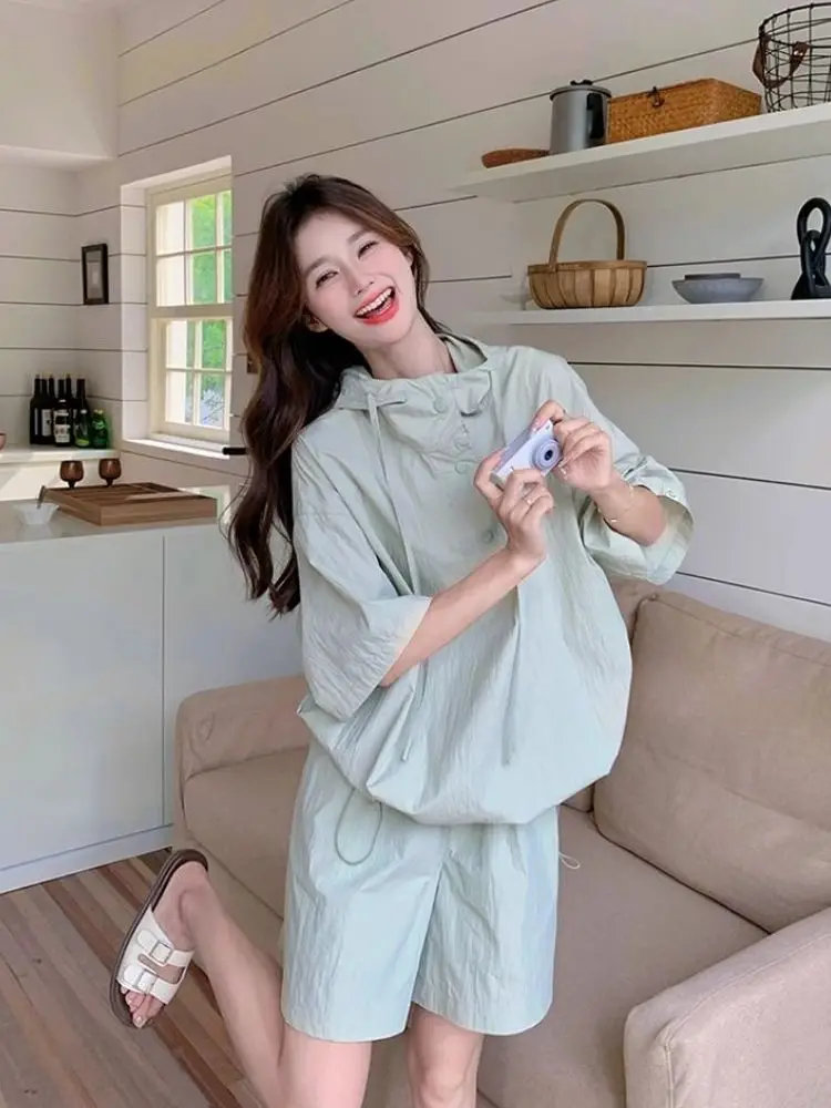 

2PCS Women Casual Tracksuit Summer Loose Hooded Short Sleeve Outfits Wide Leg Shorts 2 Piece Set Solid Fresh Clothes Set