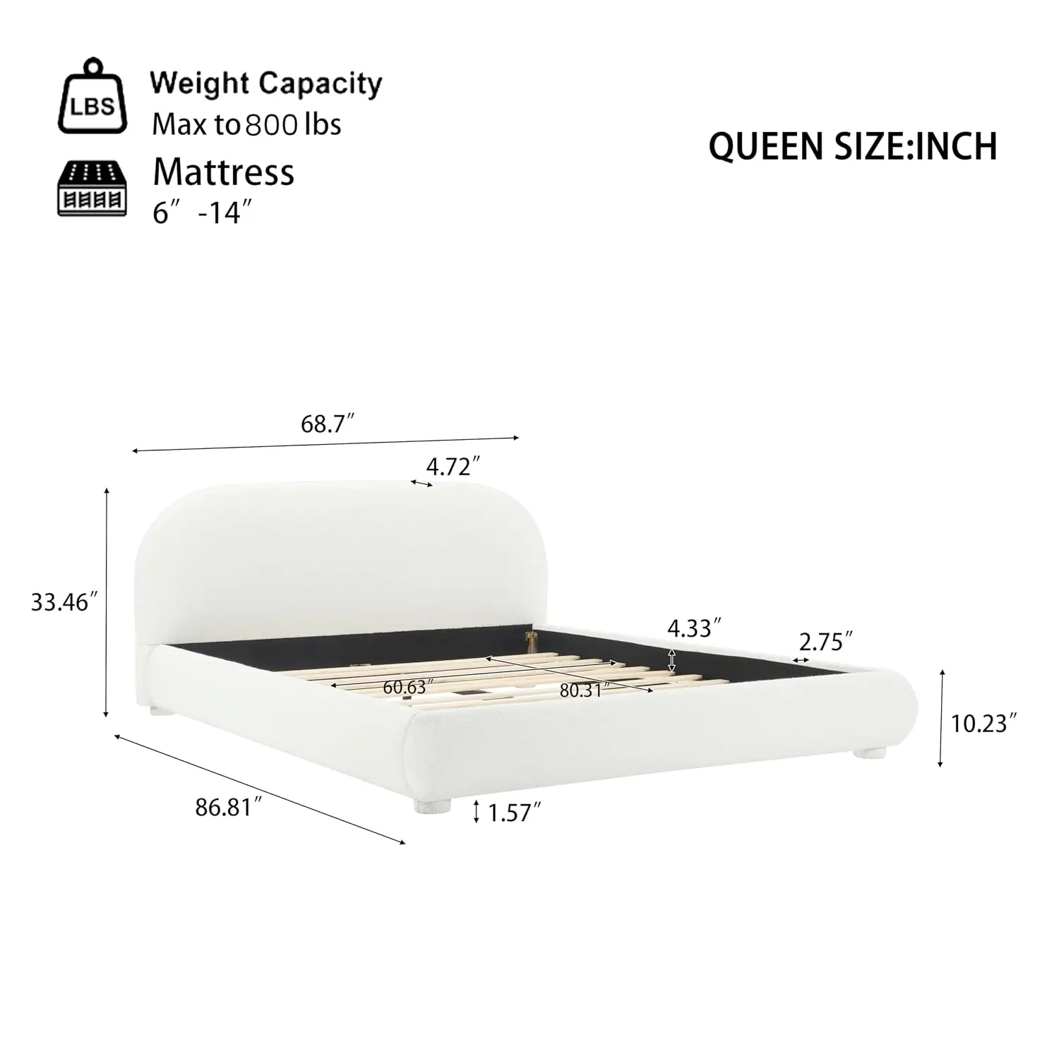 Queen Upholstered Bed Frame Curved Headboard Modern Textured Fabric No Box Spring 800 lbs Support, Customized